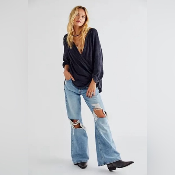 We the Free Nightdreams Slouchy Gauze Wrap‎ Top Shirt in Washed Black Size Small - Picture 2 of 11